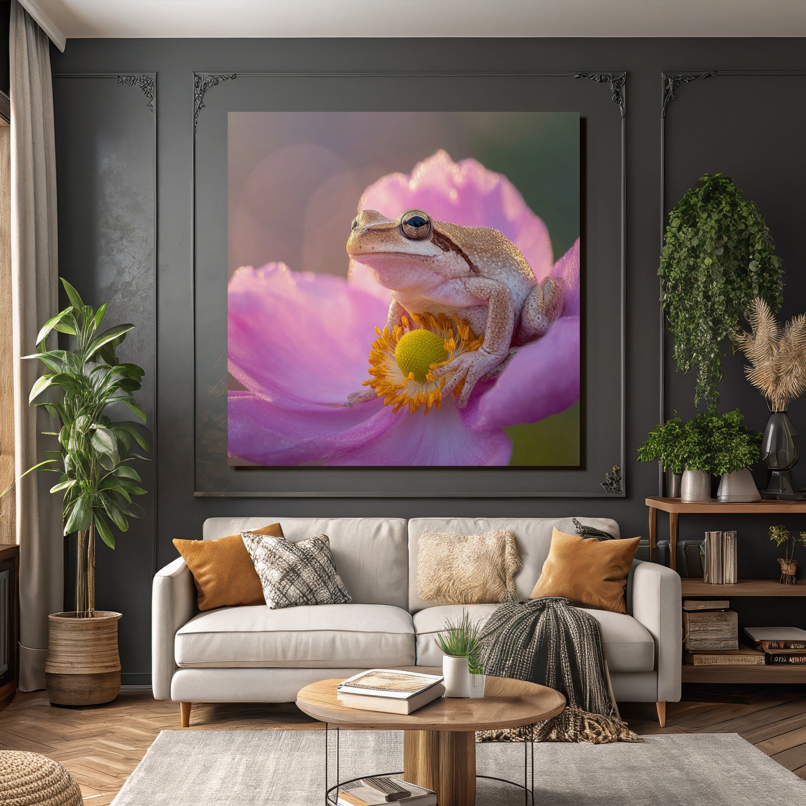 Frosch Auf Rosa Blume Mit Gelbzentrum Und Orangepollen
