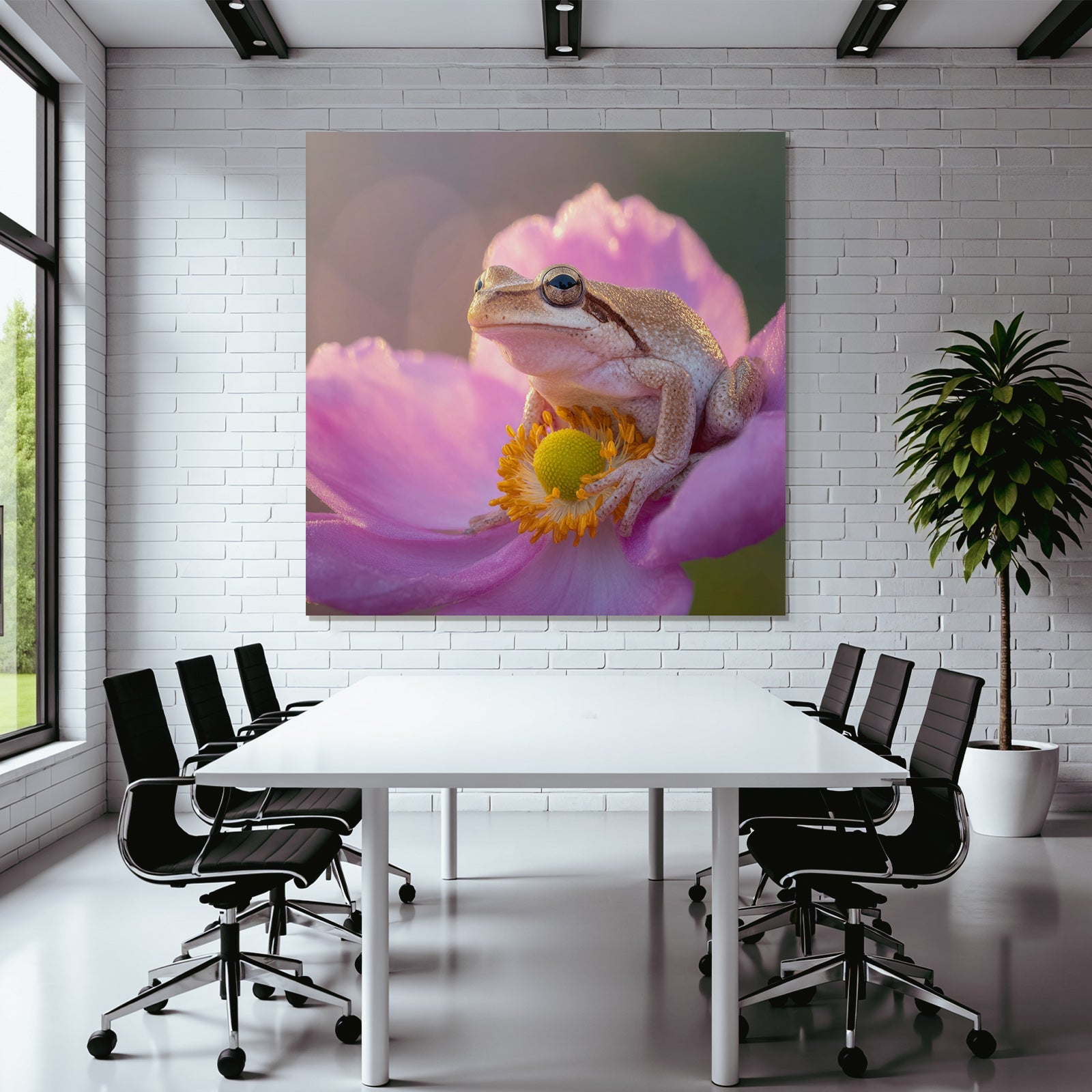 Frosch Auf Rosa Blume Mit Gelbzentrum Und Orangepollen