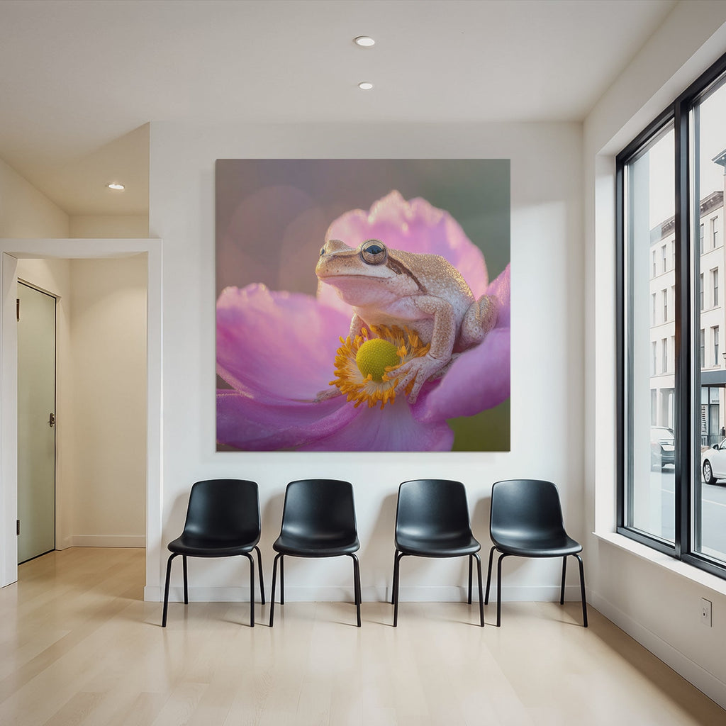 Frosch Auf Rosa Blume Mit Gelbzentrum Und Orangepollen