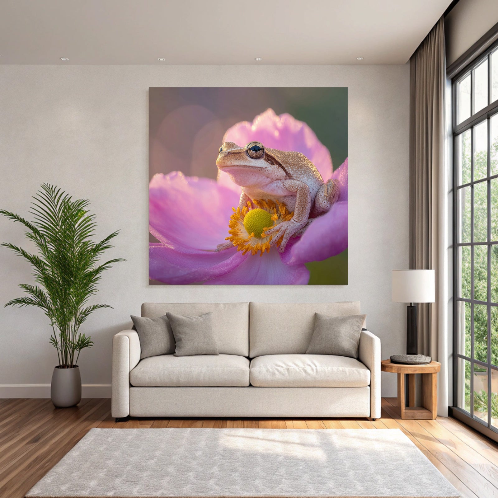 Frosch Auf Rosa Blume Mit Gelbzentrum Und Orangepollen