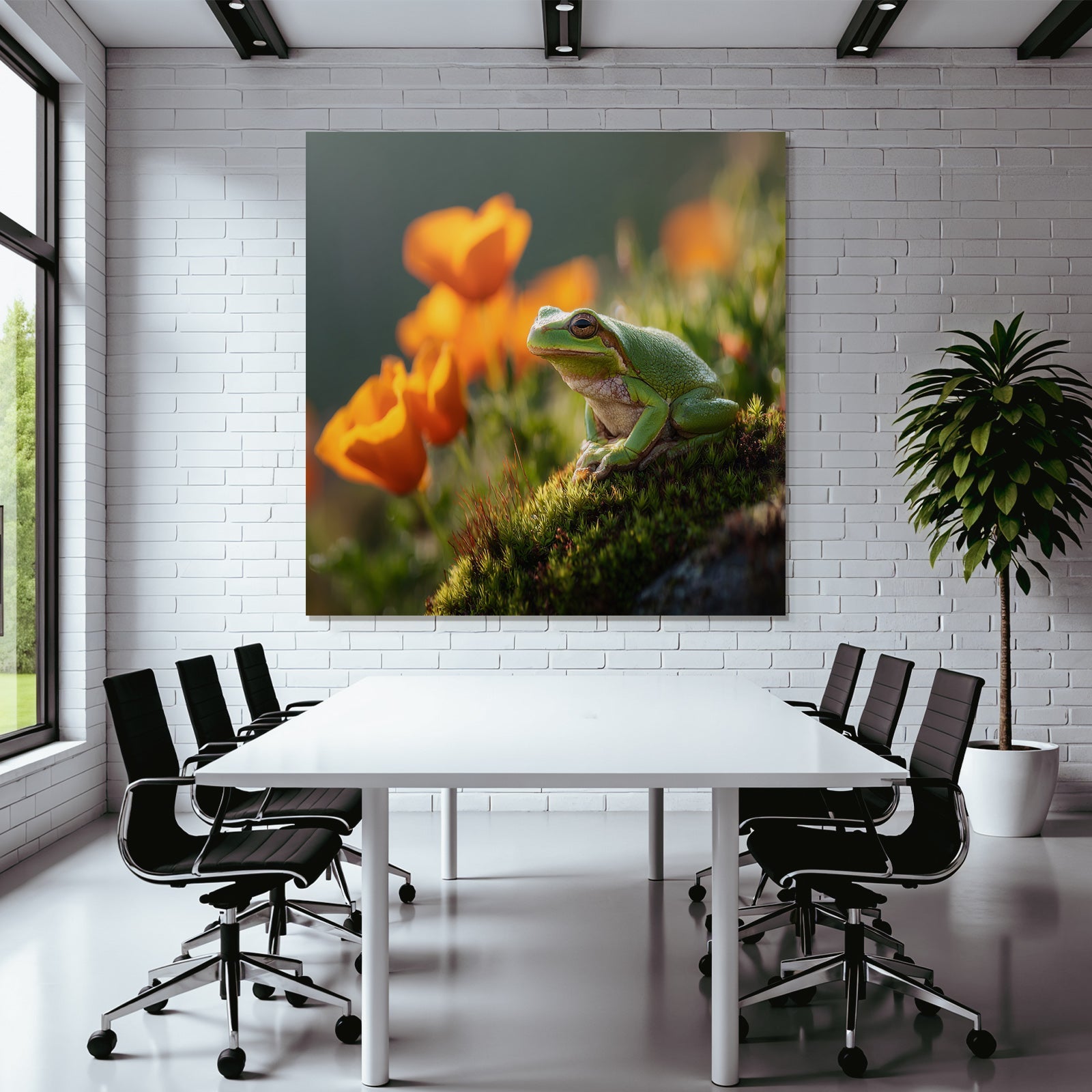 Grüner Frosch Auf Moosiger Oberfläche Umgeben Von Orangen Blumen