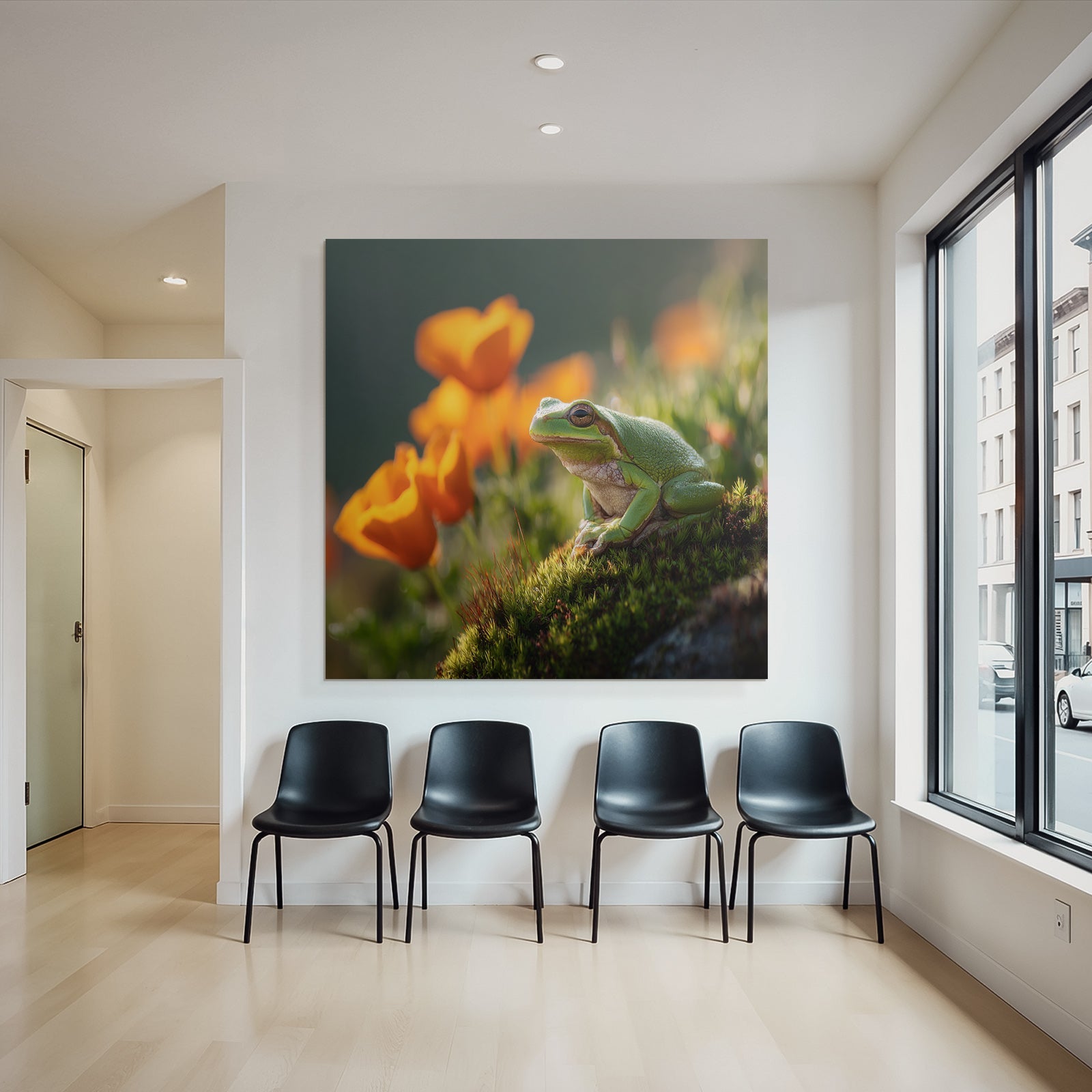 Grüner Frosch Auf Moosiger Oberfläche Umgeben Von Orangen Blumen