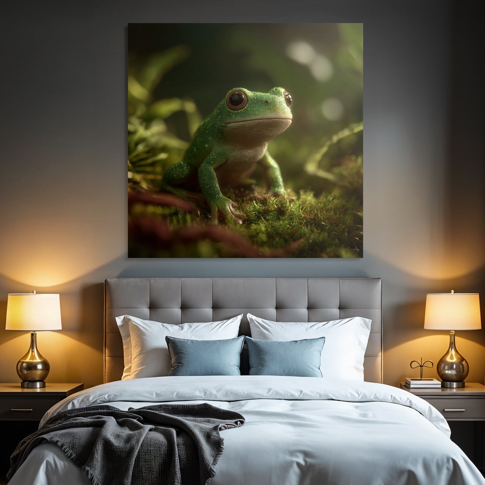 Grüner Frosch Sitzt Auf Moos In Naturlicher Umgebung