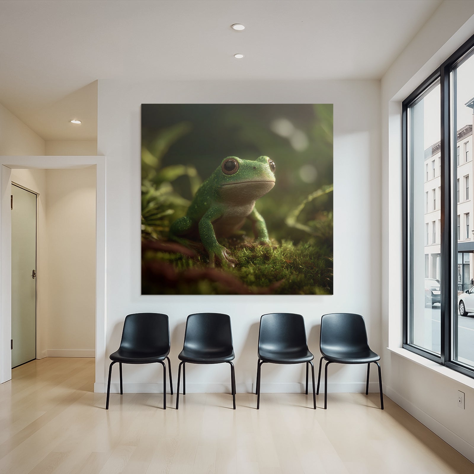 Grüner Frosch Sitzt Auf Moos In Naturlicher Umgebung