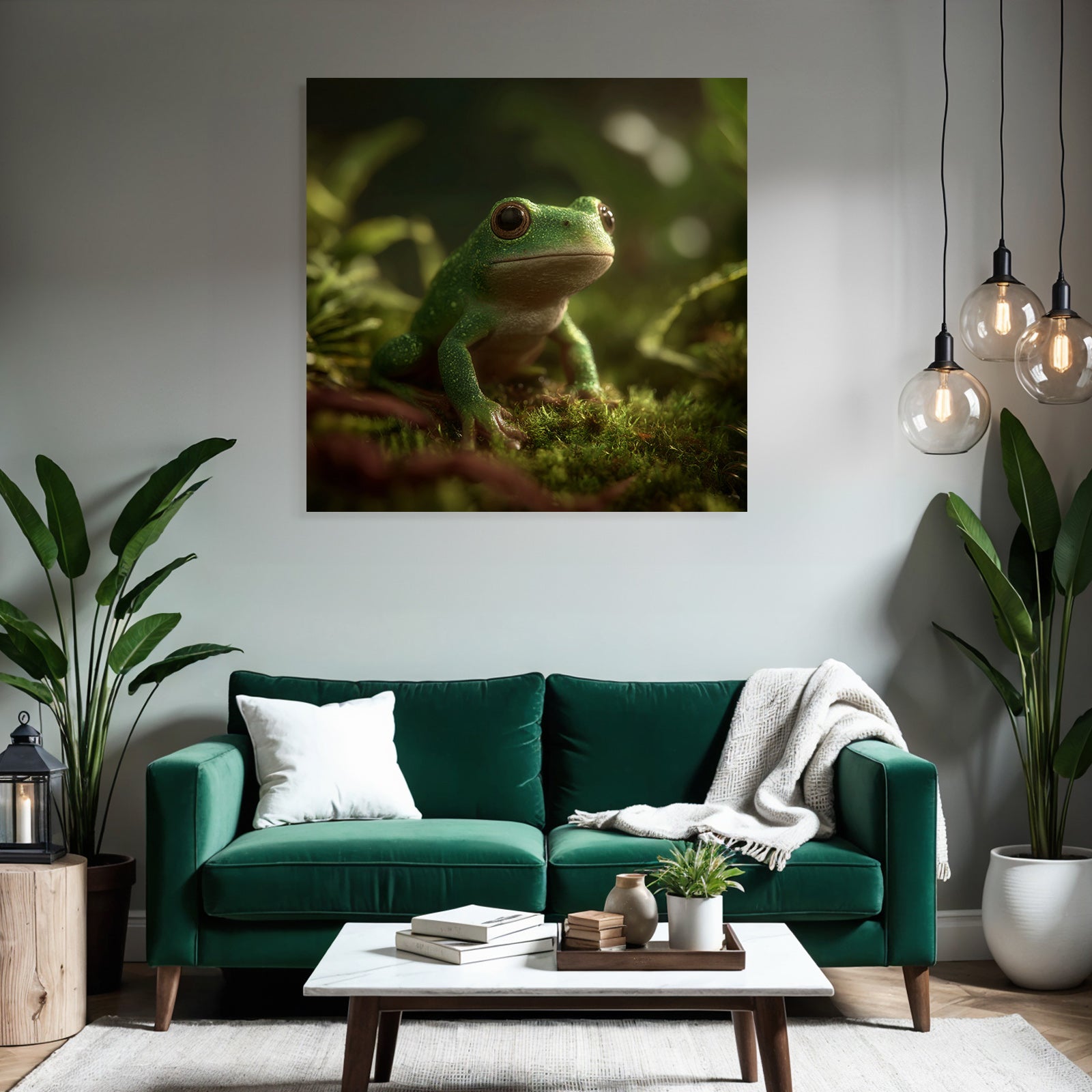 Grüner Frosch Sitzt Auf Moos In Naturlicher Umgebung