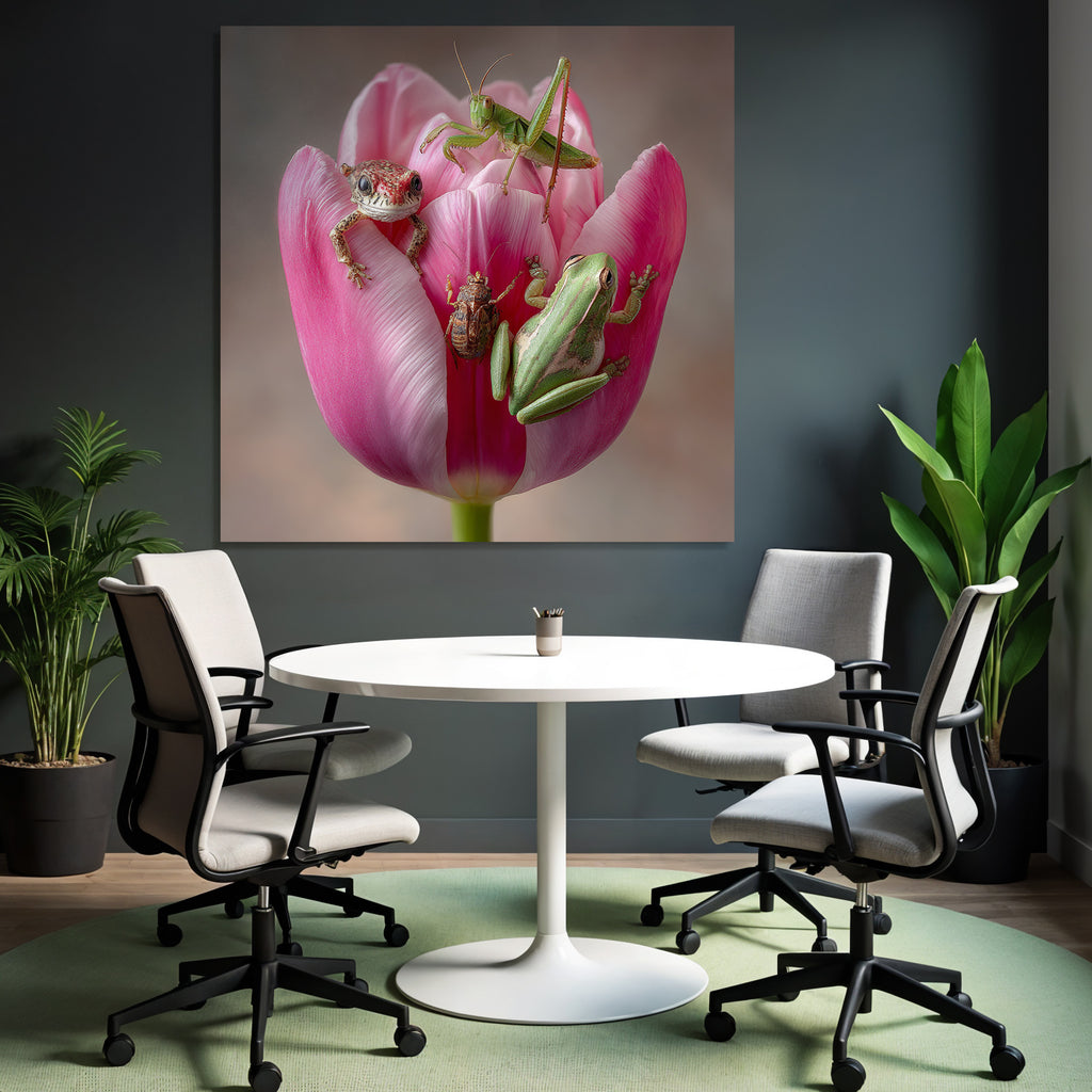Lebhafte Rosa Tulpe Mit Zwei Froschen Einer Heuschrecke Und Einem Käfer