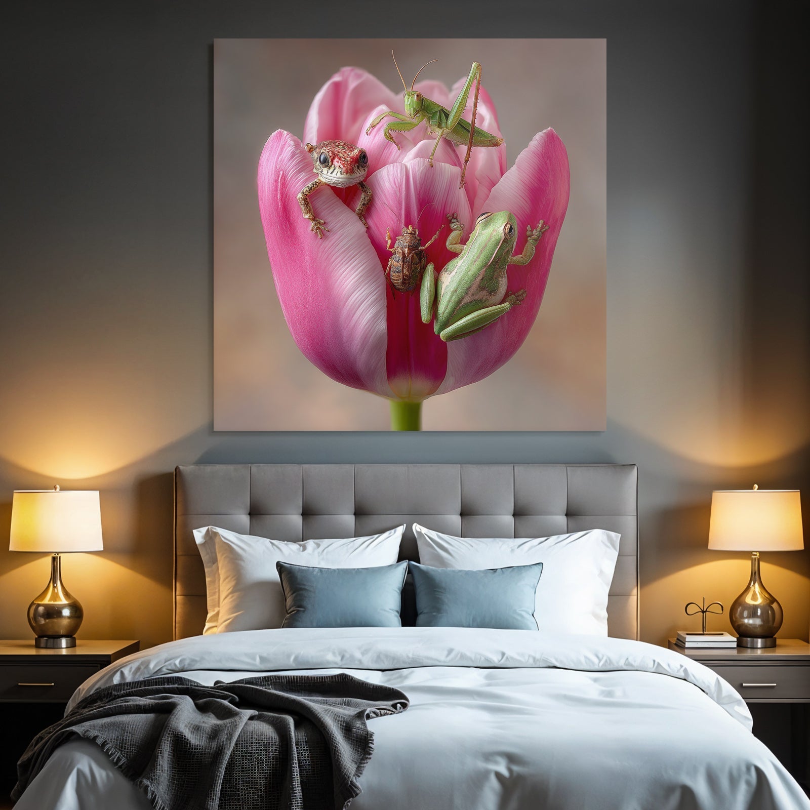 Lebhafte Rosa Tulpe Mit Zwei Froschen Einer Heuschrecke Und Einem Käfer
