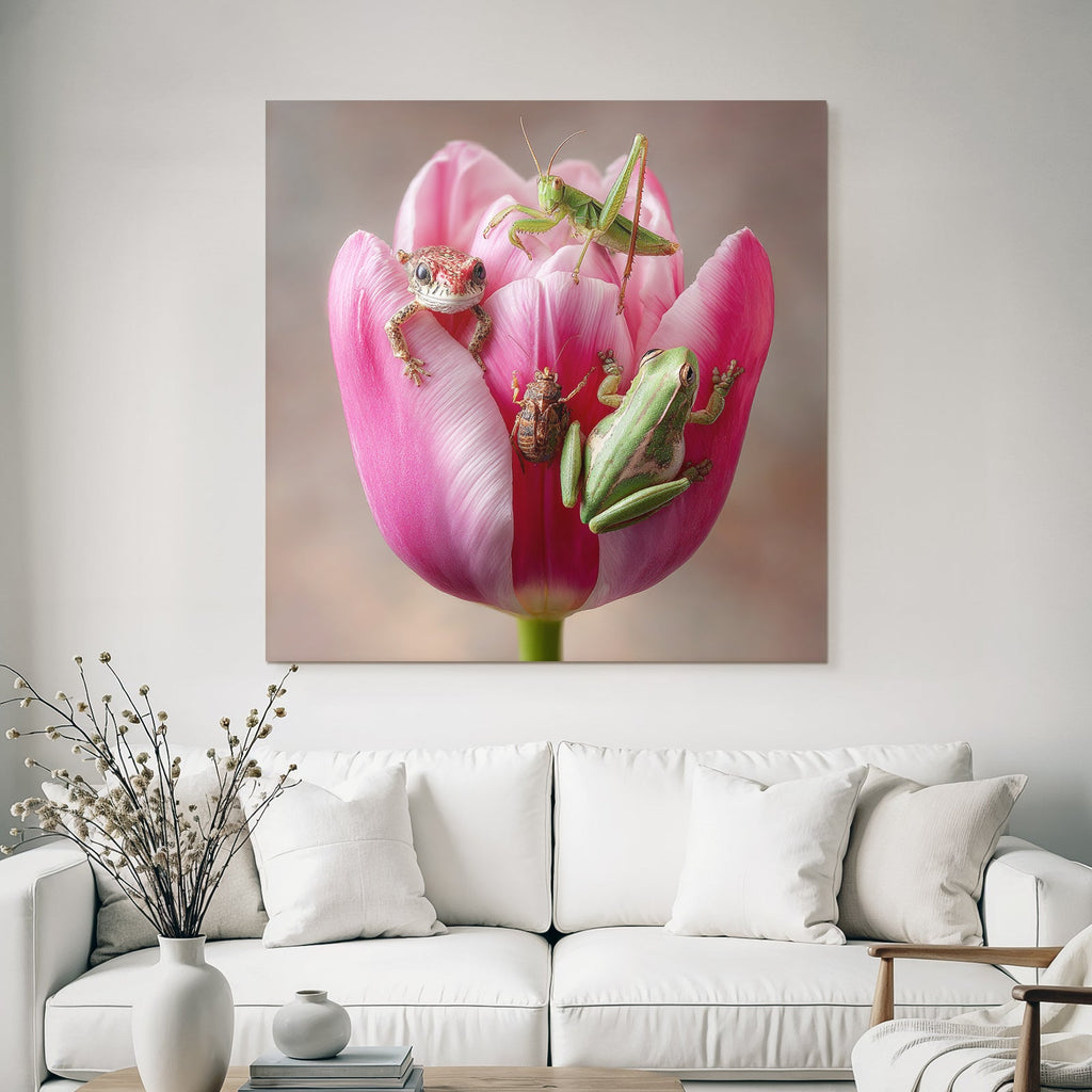 Lebhafte Rosa Tulpe Mit Zwei Froschen Einer Heuschrecke Und Einem Käfer