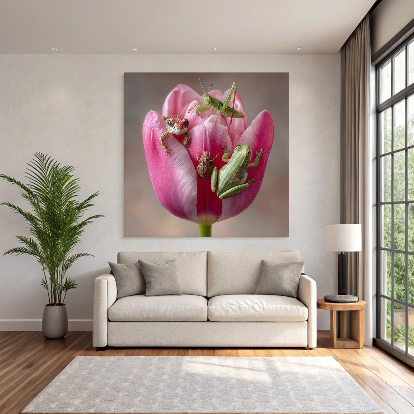 Lebhafte Rosa Tulpe Mit Zwei Froschen Einer Heuschrecke Und Einem Käfer
