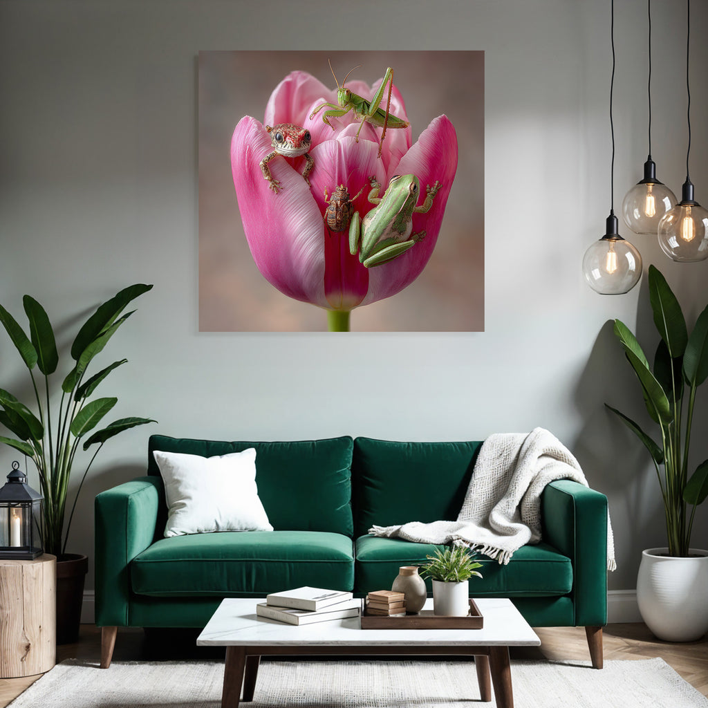 Lebhafte Rosa Tulpe Mit Zwei Froschen Einer Heuschrecke Und Einem Käfer