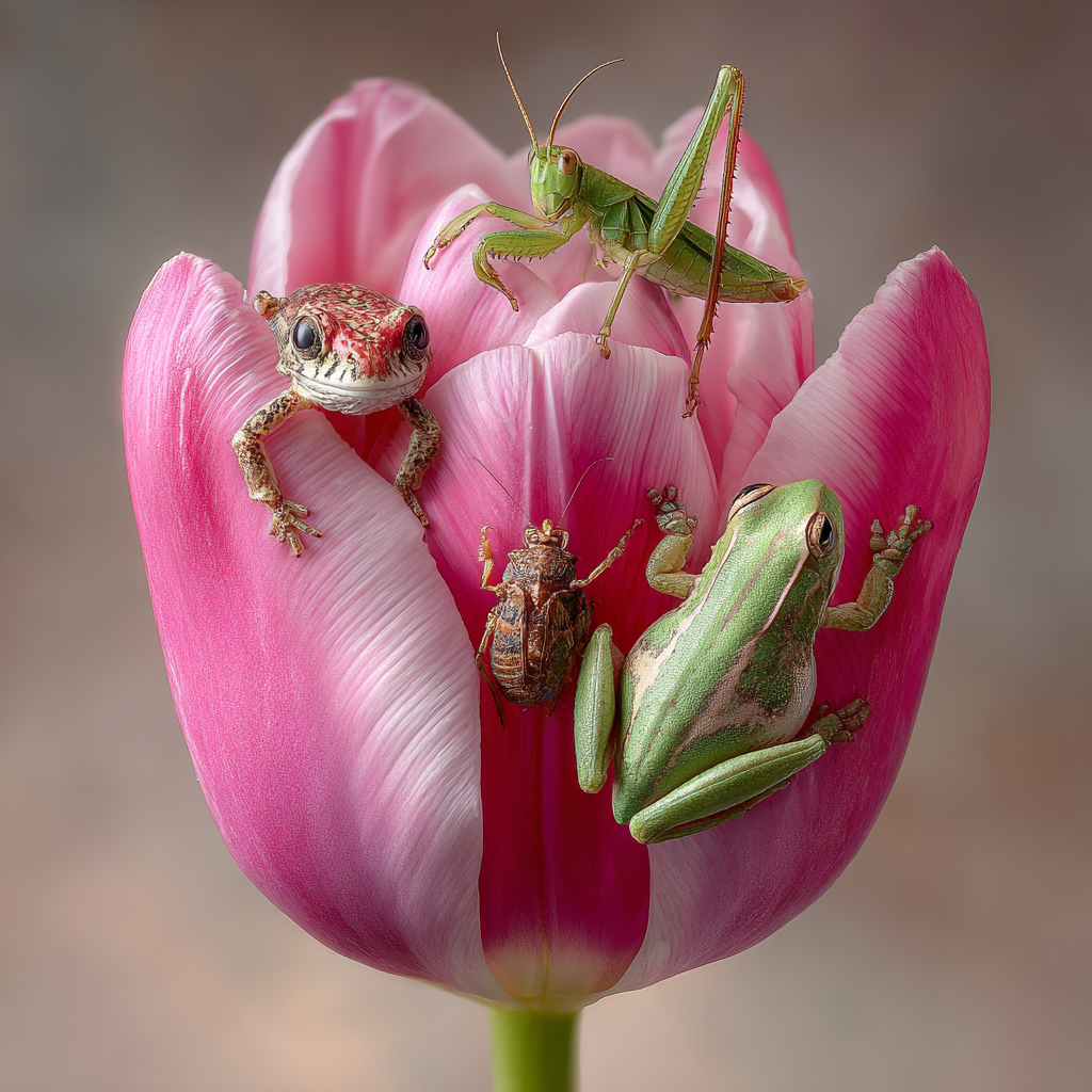 Lebhafte Rosa Tulpe Mit Zwei Froschen Einer Heuschrecke Und Einem Käfer | Insekten und Amphibien | Tiere