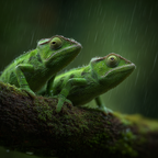 Zwei Chamäleons Auf Einem Moosbewachsenen Zweig Im Regen | Insekten und Amphibien | Tiere