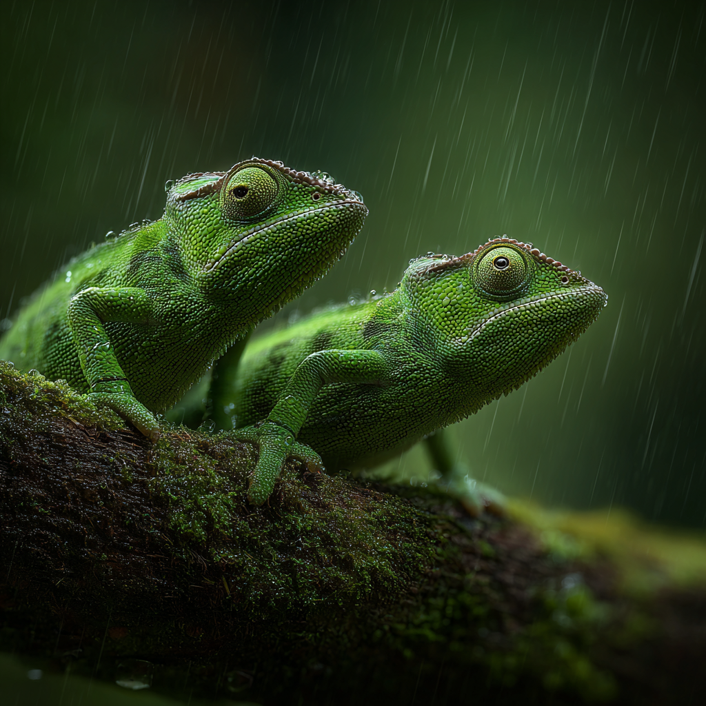 Zwei Chamäleons Auf Einem Moosbewachsenen Zweig Im Regen | Insekten und Amphibien | Tiere