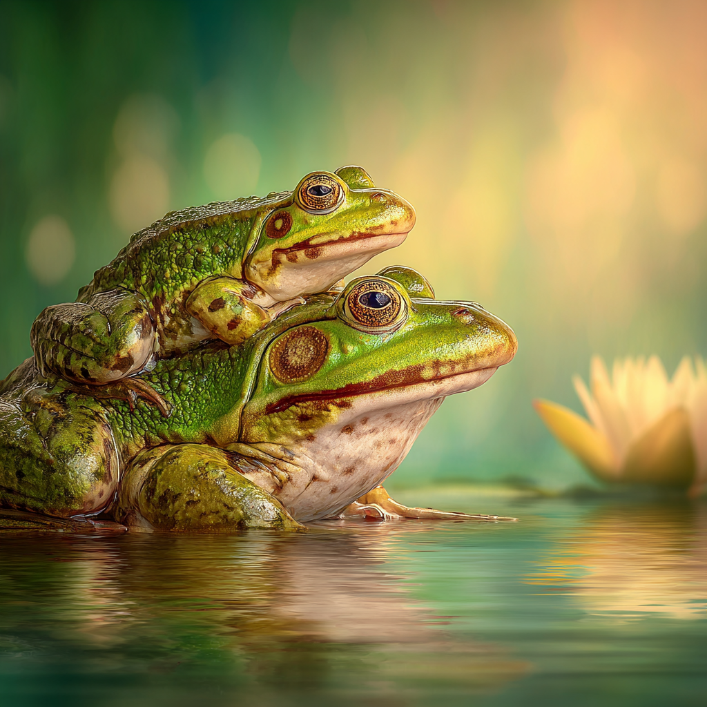 Zwei Frögen Auf Dem Rücken Eines Anderen In Einem Natürlichen Umfeld Mit Blume | Insekten und Amphibien | Tiere