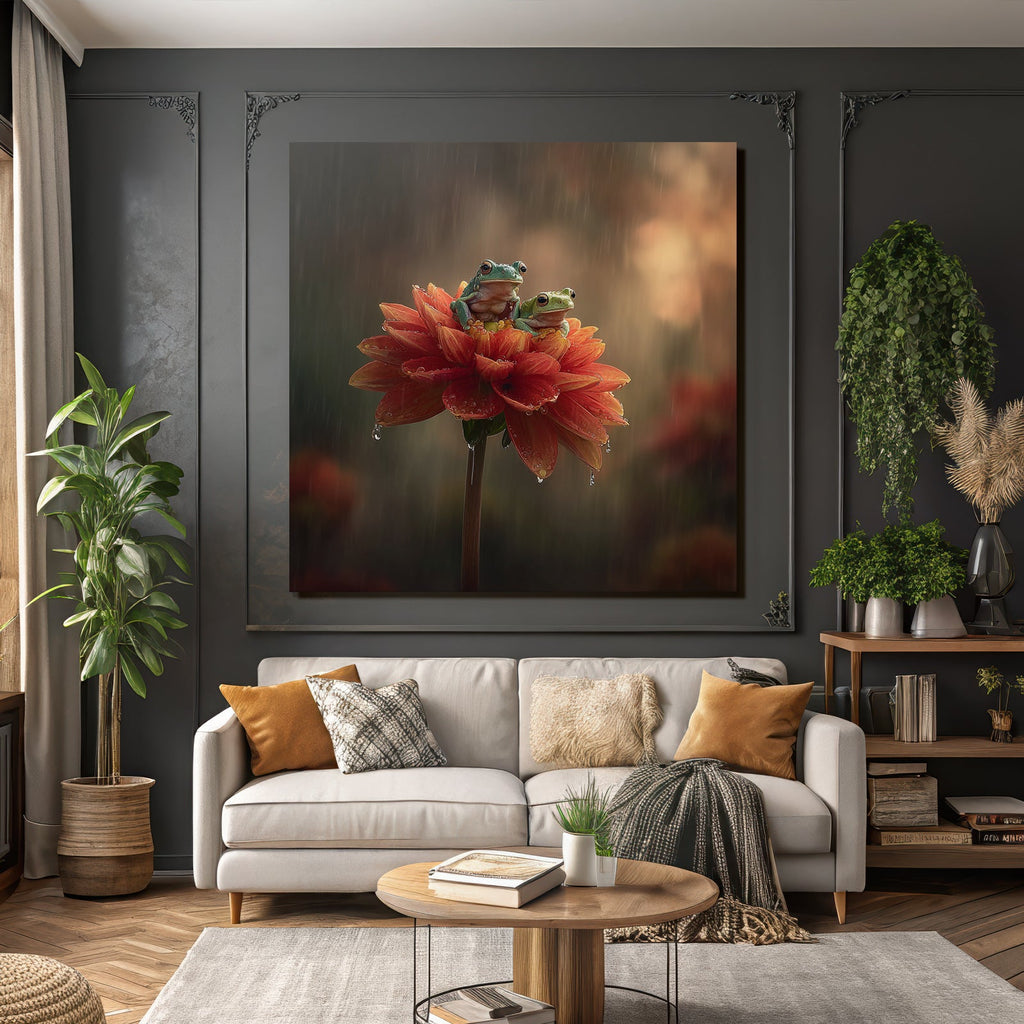 Zwei Frösche Auf Einer Orangen Blume Im Nebel