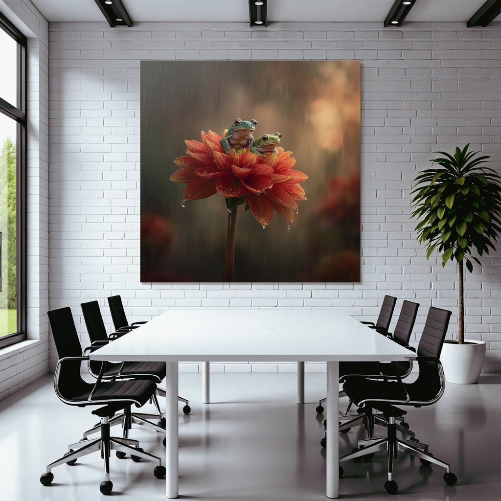 Zwei Frösche Auf Einer Orangen Blume Im Nebel