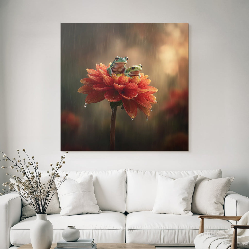 Zwei Frösche Auf Einer Orangen Blume Im Nebel