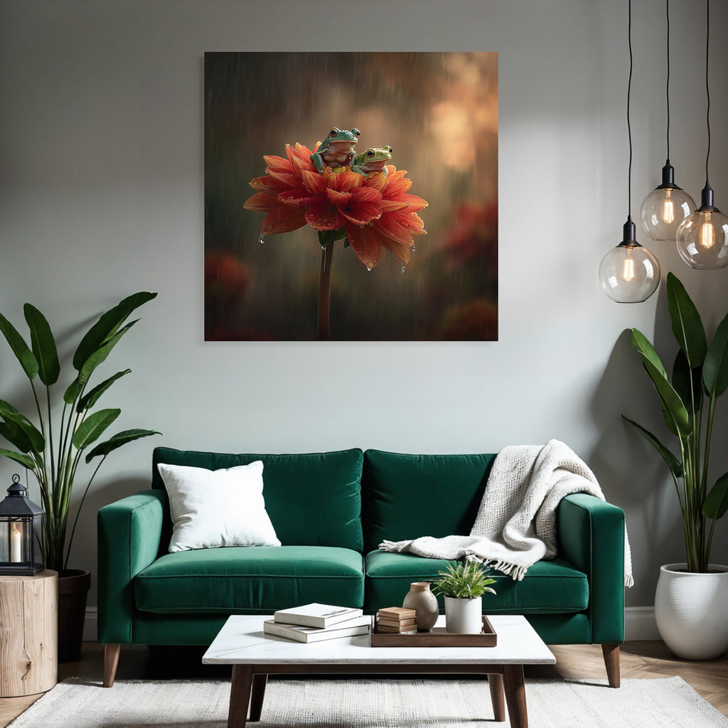 Zwei Frösche Auf Einer Orangen Blume Im Nebel