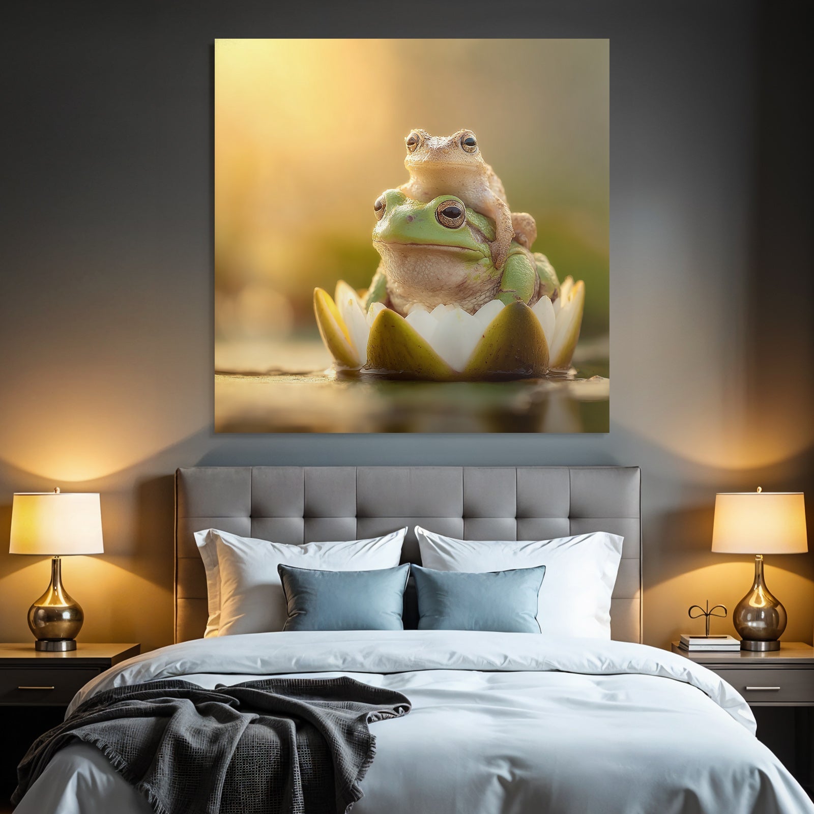 Zwei Frösche Auf Seerose Im Goldenen Licht