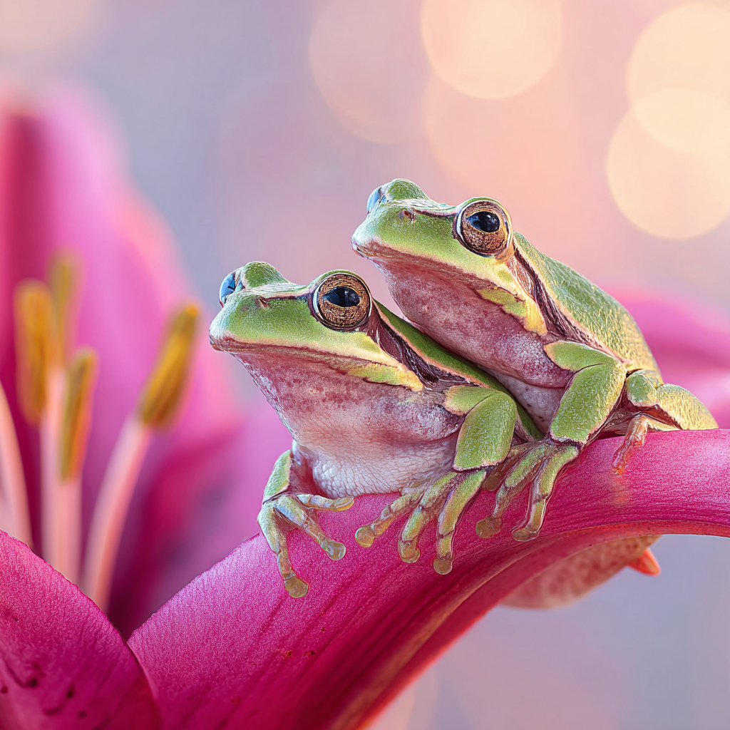 Zwei Grüne Frösche Auf Einer Pinken Lilie | Insekten und Amphibien | Tiere