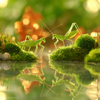 Zwei Grüne Heuschrecken Auf Moos Am Wasser Mit Reflexion | Insekten und Amphibien | Tiere
