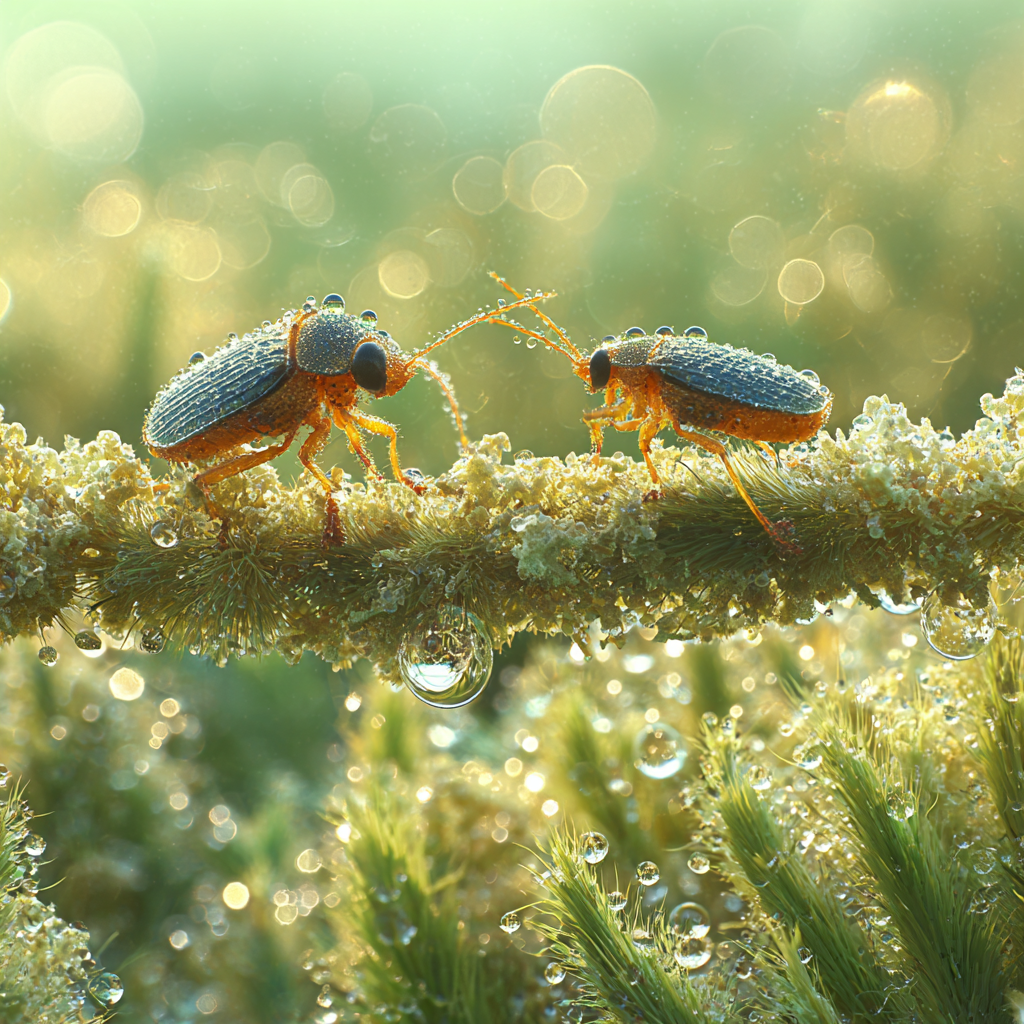 Zwei Käfer Auf Einem Ast Mit Tautropfen | Insekten und Amphibien | Tiere