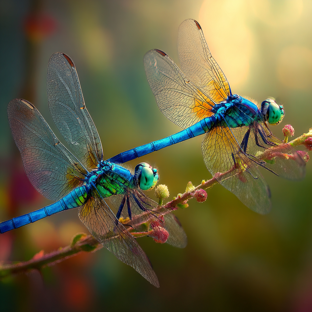 Zwei Libellen Auf Einem Ast Lebendige Blaugrüne Farben | Insekten und Amphibien | Tiere