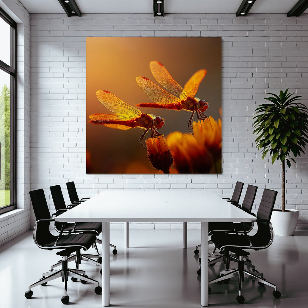 Zwei Libellen Auf Einer Blume Im Warmen Goldenen Licht Naturnah