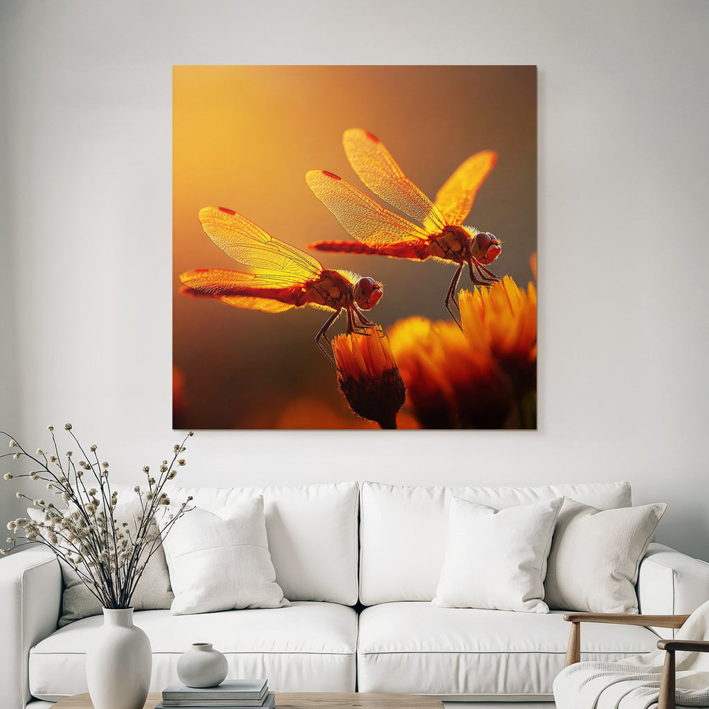 Zwei Libellen Auf Einer Blume Im Warmen Goldenen Licht Naturnah