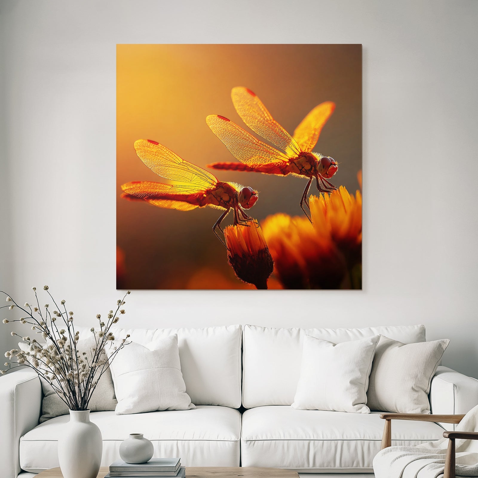 Zwei Libellen Auf Einer Blume Im Warmen Goldenen Licht Naturnah