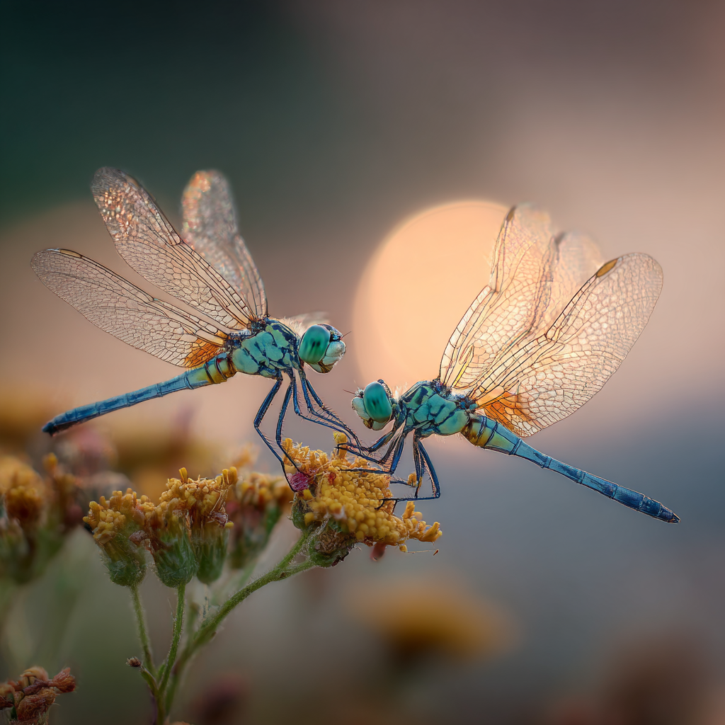 Zwei Libellen Auf Einer Blume Im Warmen Sonnenuntergang | Insekten und Amphibien | Tiere