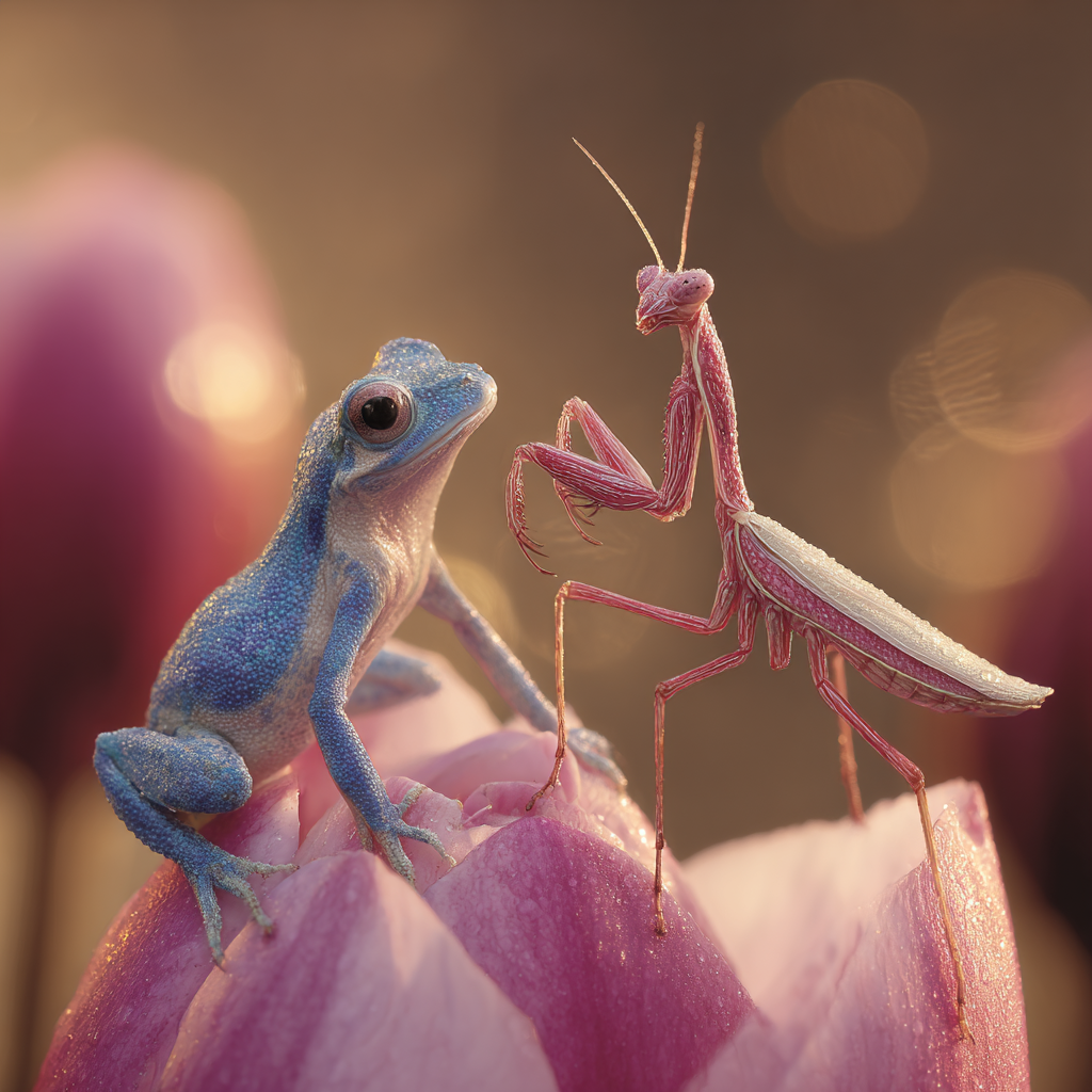 Blaür Frosch Und Rosa Gottesanbeterin Auf Einer Lotusblume | Insekten und Amphibien | Tiere