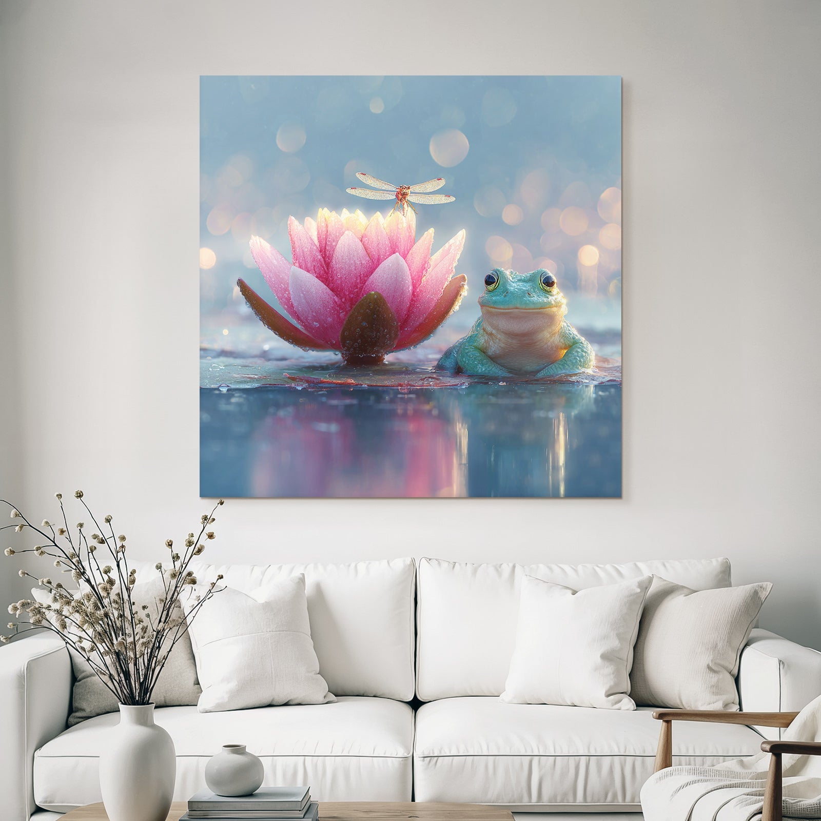 Friedliche Szene Rosa Lotosblume Mit Frosch Auf Seerosblatt Und Libelle
