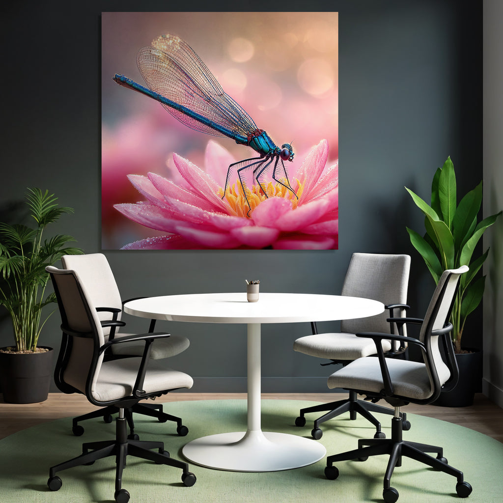 Naheaufnahme Libelle Blau Auf Rosa Blume Mit Wassertropfen Und Bokeh Hintergrund