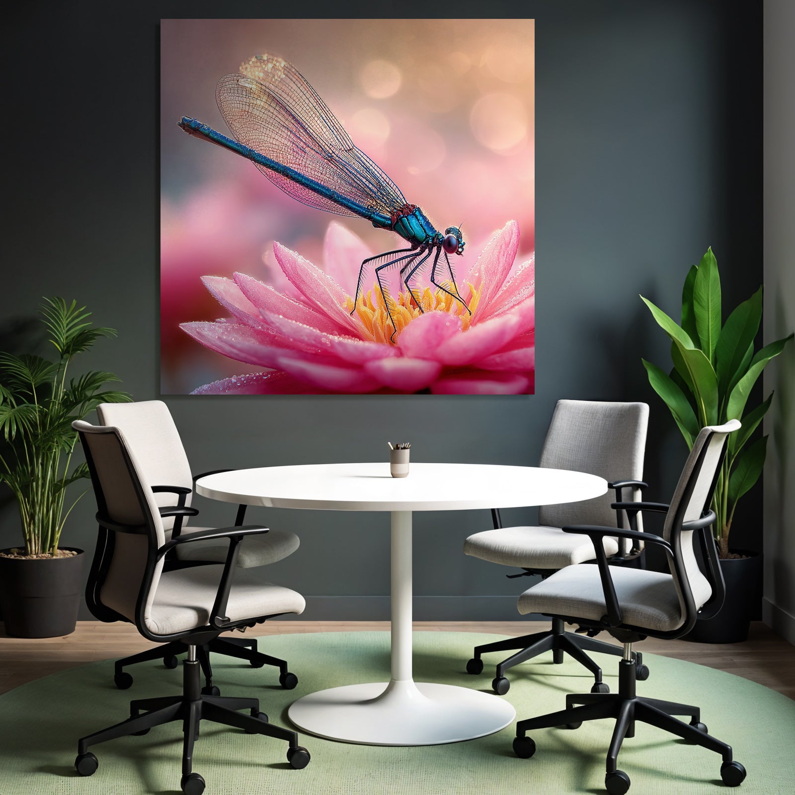 Naheaufnahme Libelle Blau Auf Rosa Blume Mit Wassertropfen Und Bokeh Hintergrund