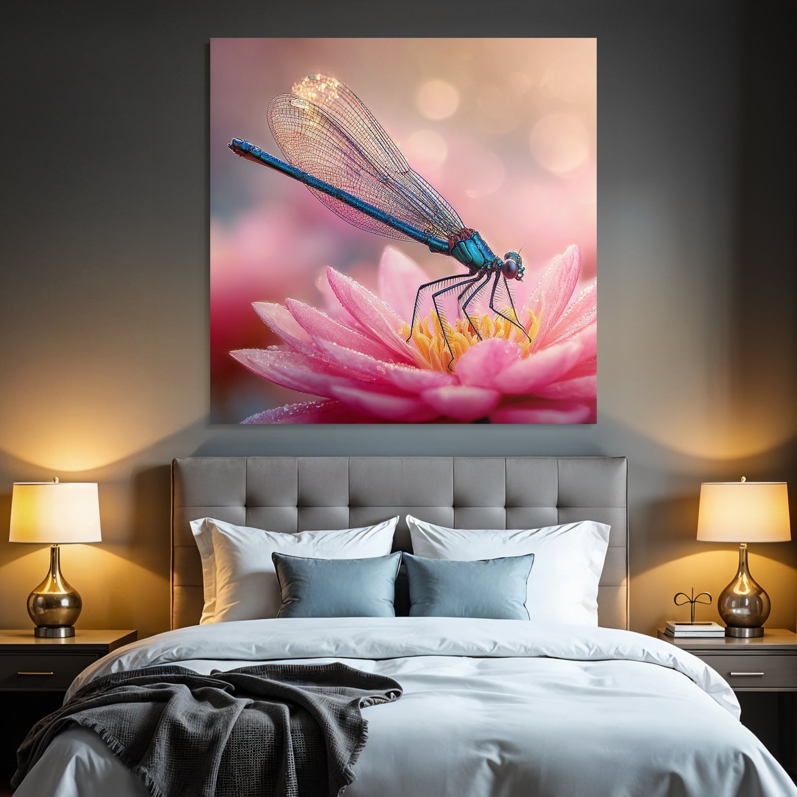Naheaufnahme Libelle Blau Auf Rosa Blume Mit Wassertropfen Und Bokeh Hintergrund