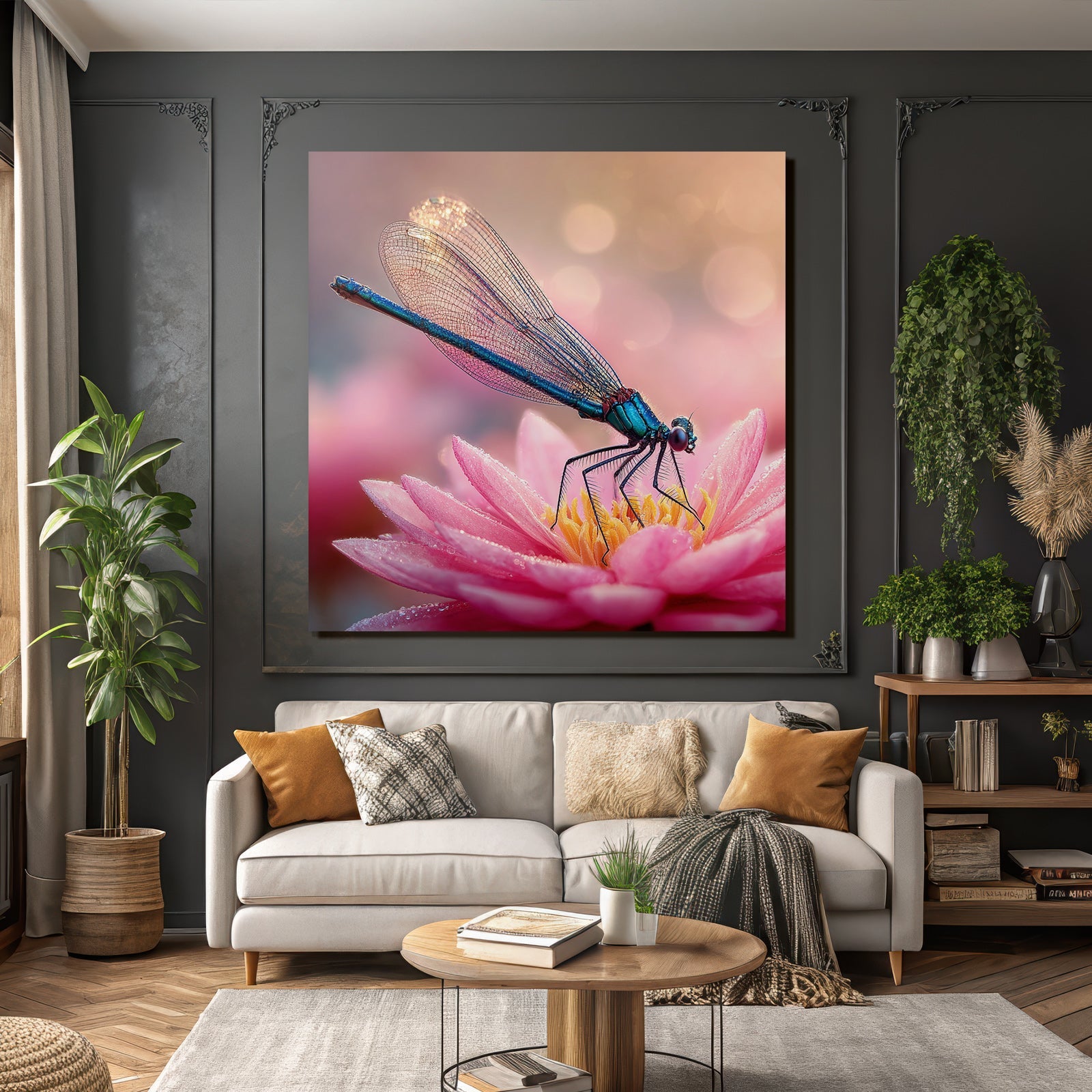 Naheaufnahme Libelle Blau Auf Rosa Blume Mit Wassertropfen Und Bokeh Hintergrund