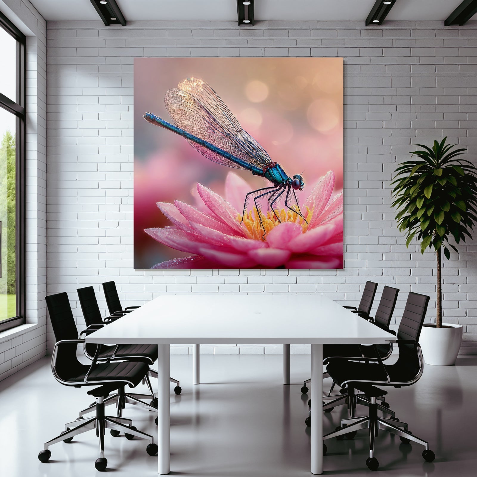 Naheaufnahme Libelle Blau Auf Rosa Blume Mit Wassertropfen Und Bokeh Hintergrund