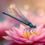 Naheaufnahme Libelle Blau Auf Rosa Blume Mit Wassertropfen Und Bokeh Hintergrund | Insekten und Amphibien | Tiere