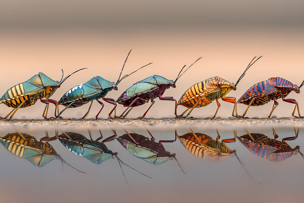 Bunte Insekten Reihe Mit Reflexion Auf Nasser Oberfläche | Insekten und Amphibien | Tiere