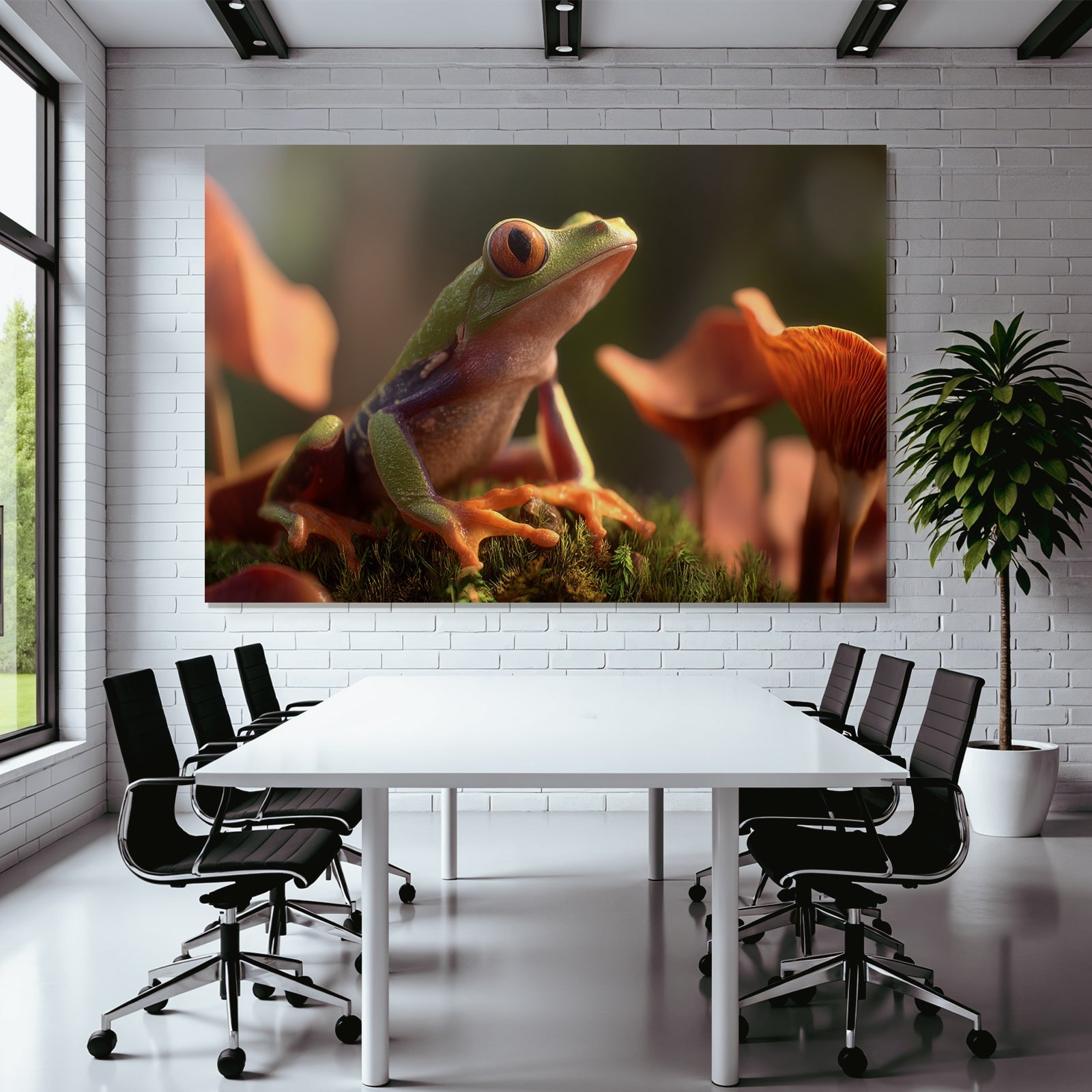 Bunter Frosch Auf Moos Umgeben Von Grossen Orangen Pilzen