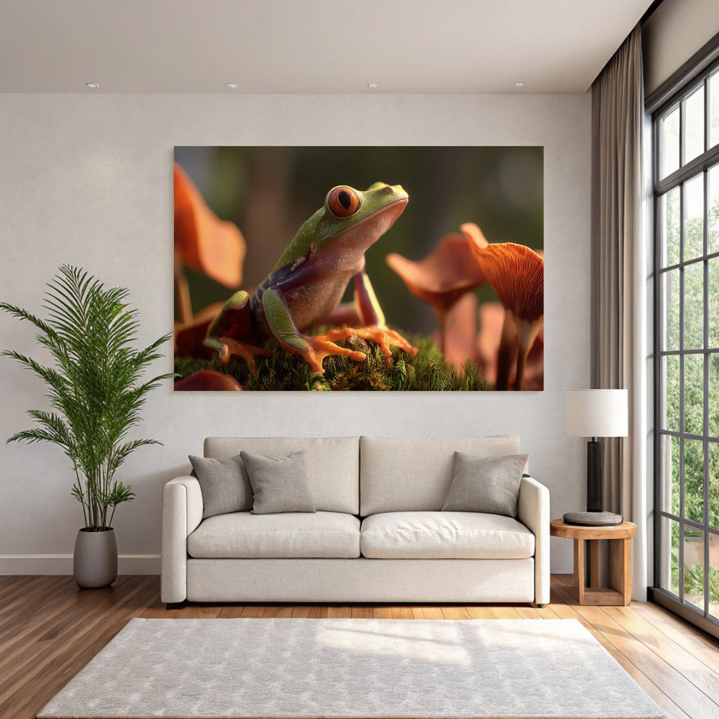 Bunter Frosch Auf Moos Umgeben Von Grossen Orangen Pilzen
