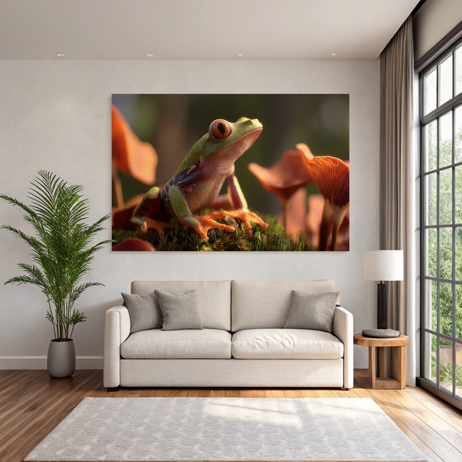 Bunter Frosch Auf Moos Umgeben Von Grossen Orangen Pilzen