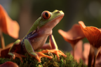 Bunter Frosch Auf Moos Umgeben Von Grossen Orangen Pilzen | Insekten und Amphibien | Tiere