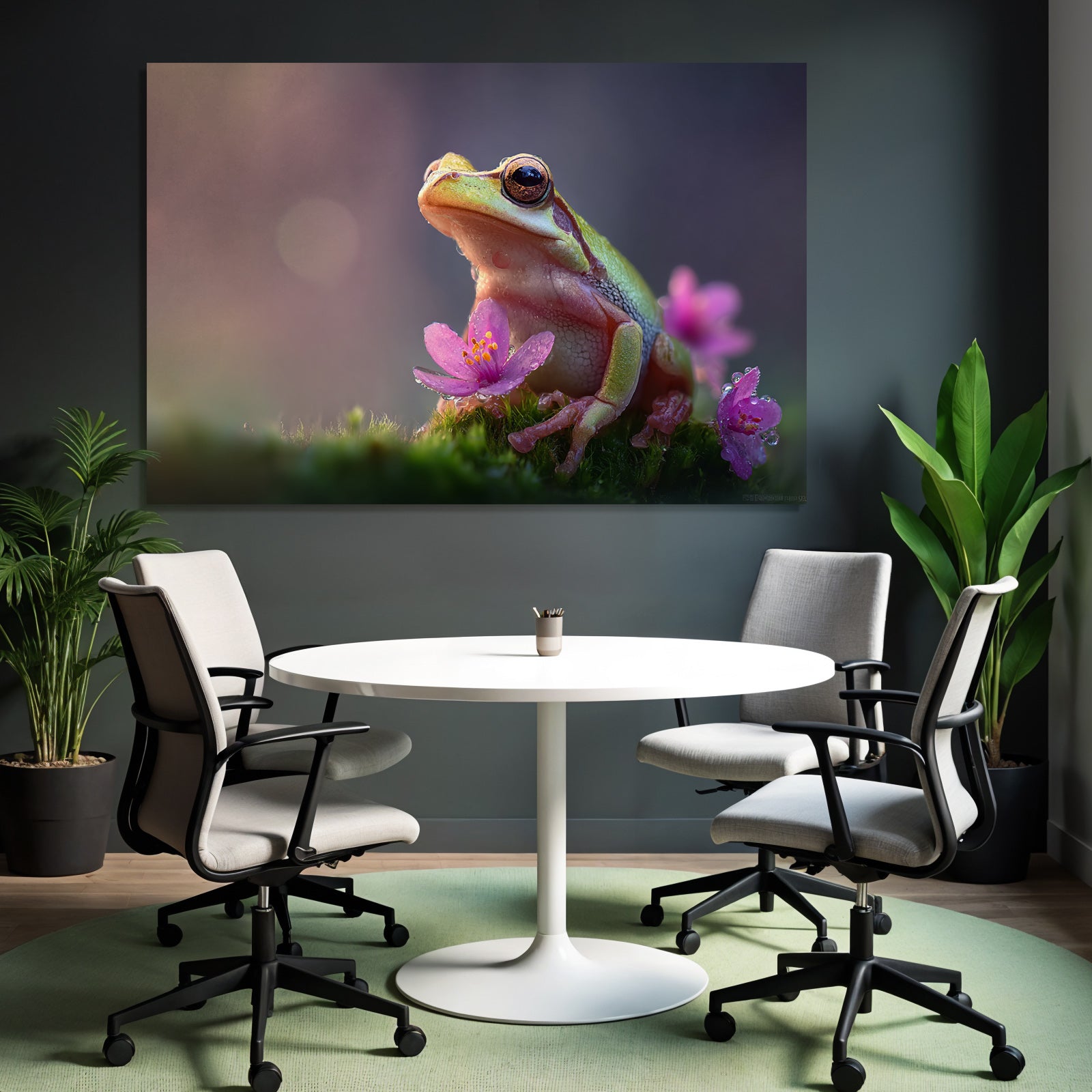 Bunter Frosch Im Moos Umgeben Von Kleinen Pinken Blumen