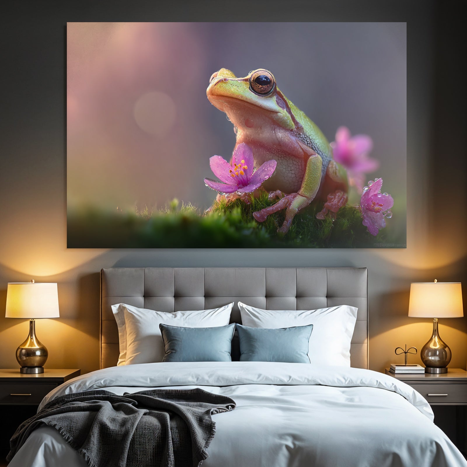Bunter Frosch Im Moos Umgeben Von Kleinen Pinken Blumen