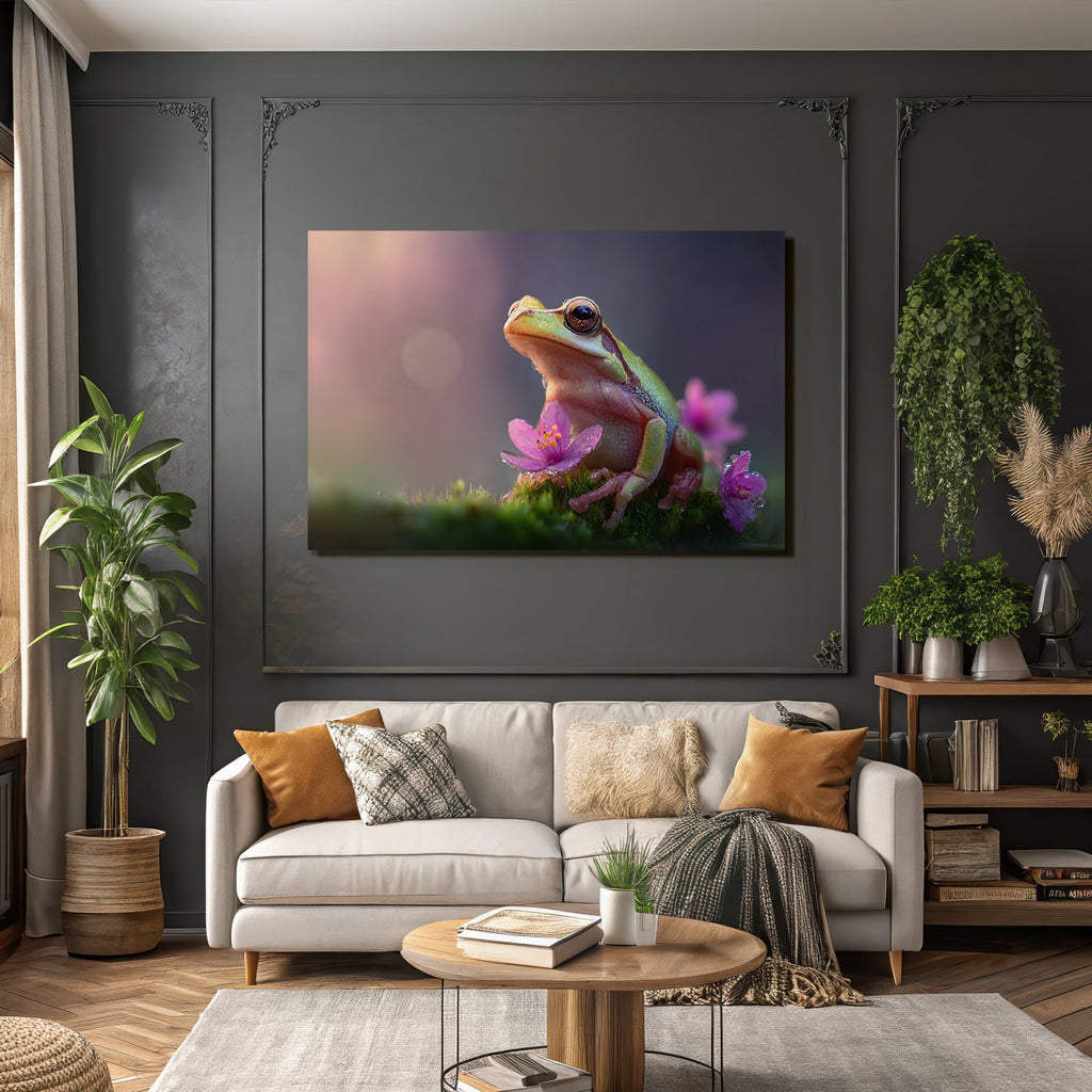Bunter Frosch Im Moos Umgeben Von Kleinen Pinken Blumen