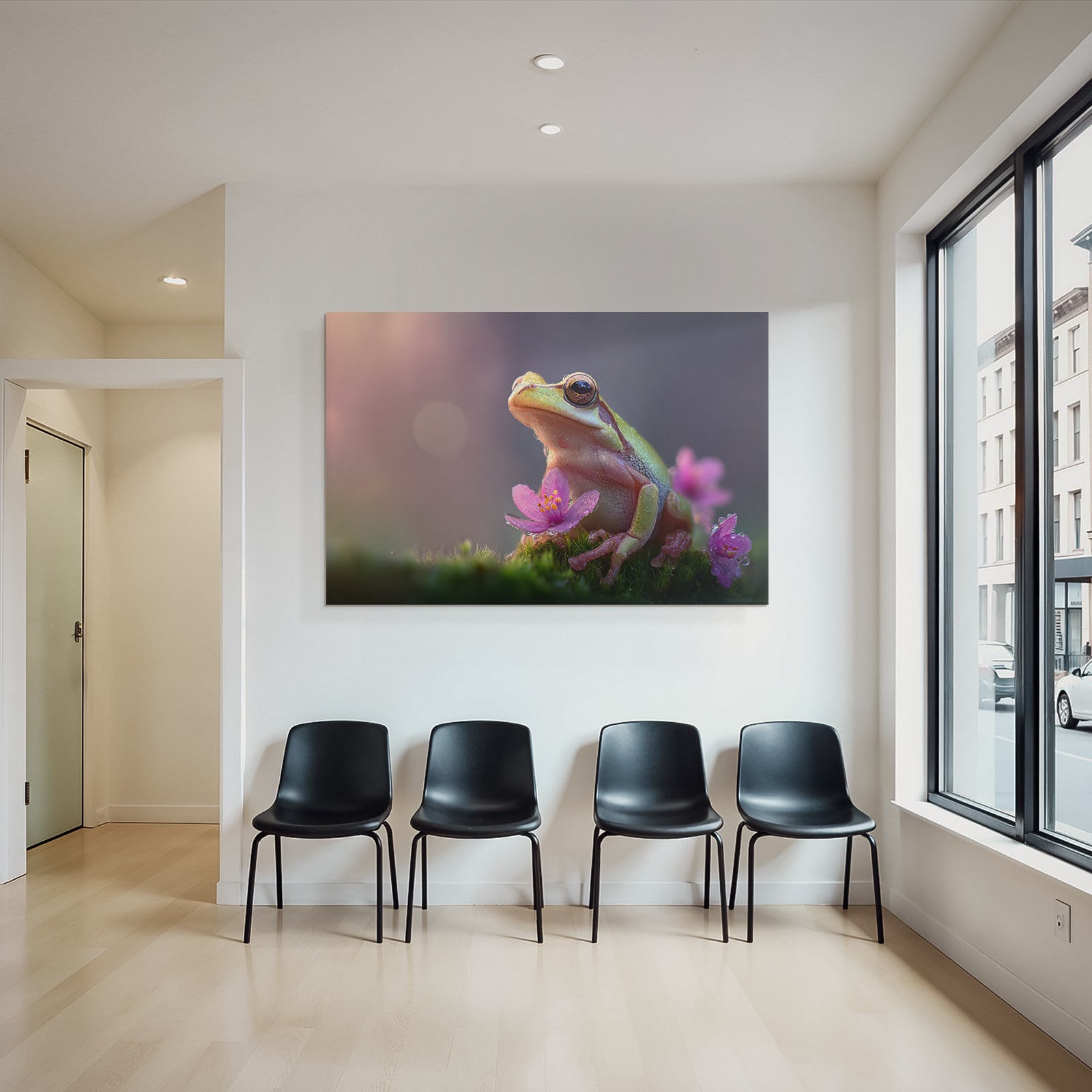 Bunter Frosch Im Moos Umgeben Von Kleinen Pinken Blumen