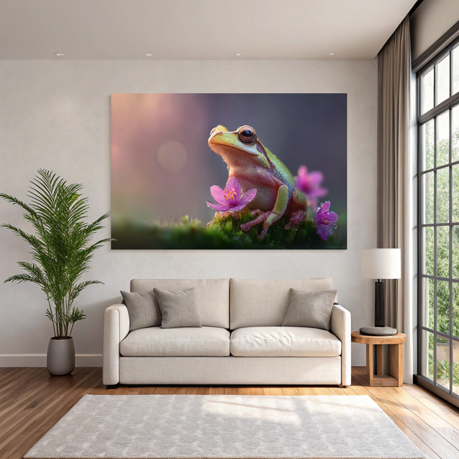 Bunter Frosch Im Moos Umgeben Von Kleinen Pinken Blumen
