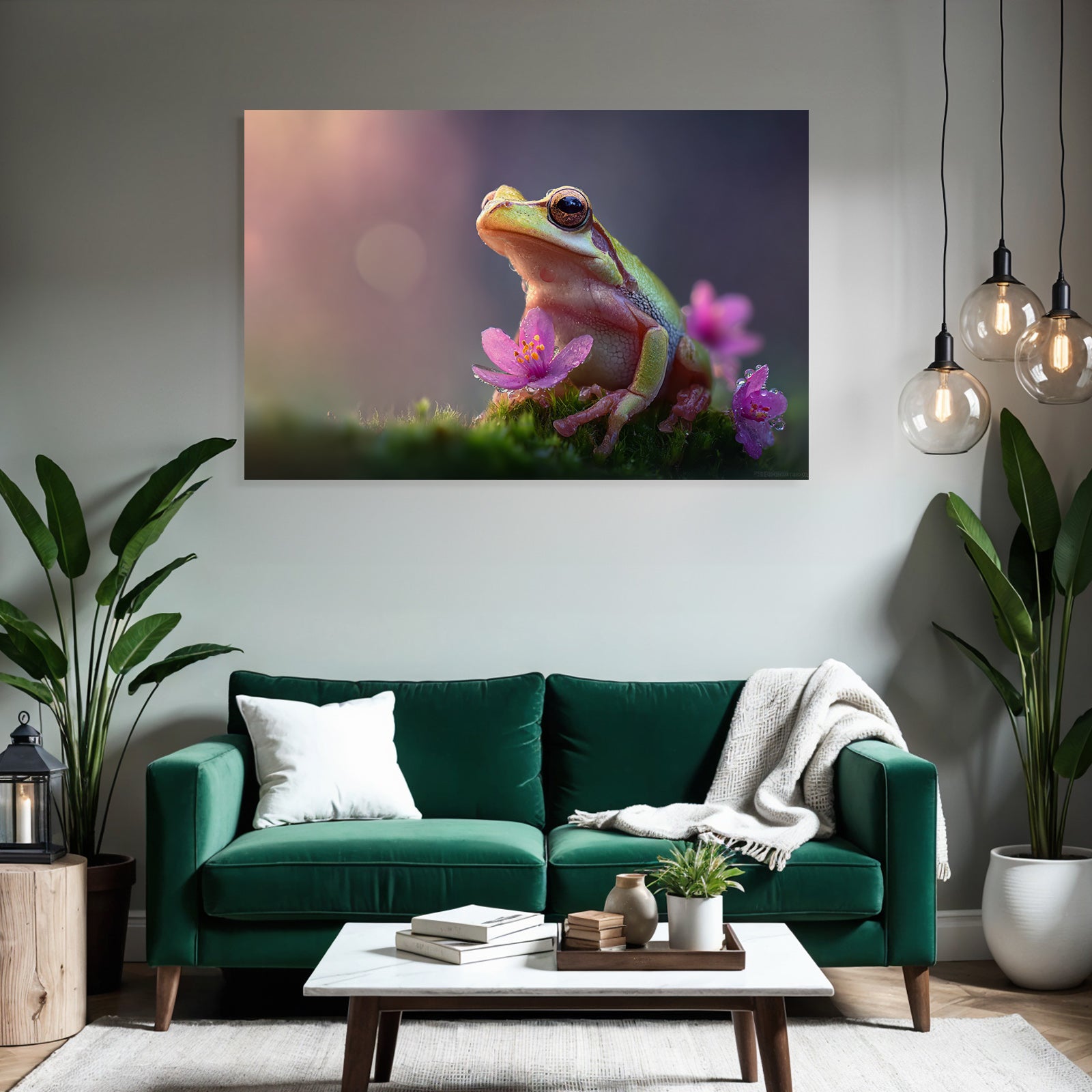 Bunter Frosch Im Moos Umgeben Von Kleinen Pinken Blumen